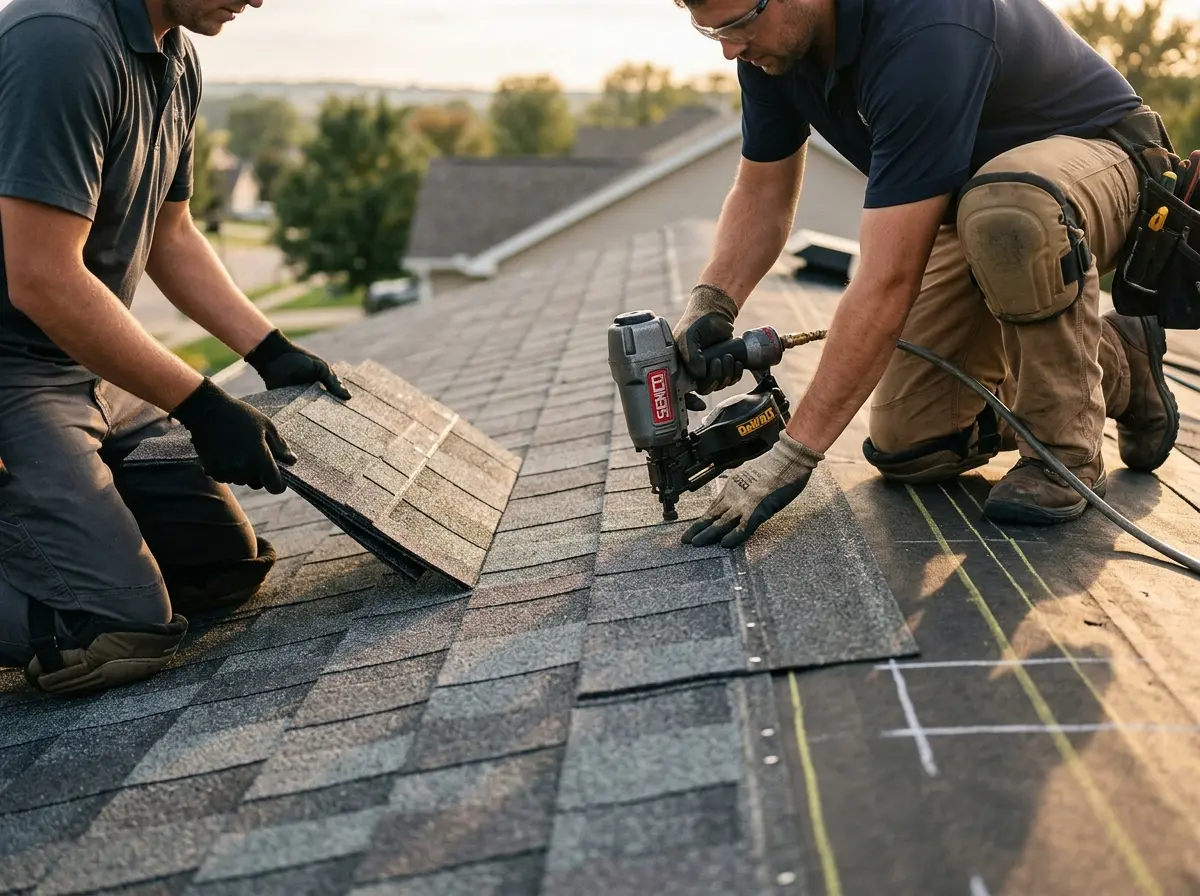 Professional roofer working on a residential roof in Oak Harbor